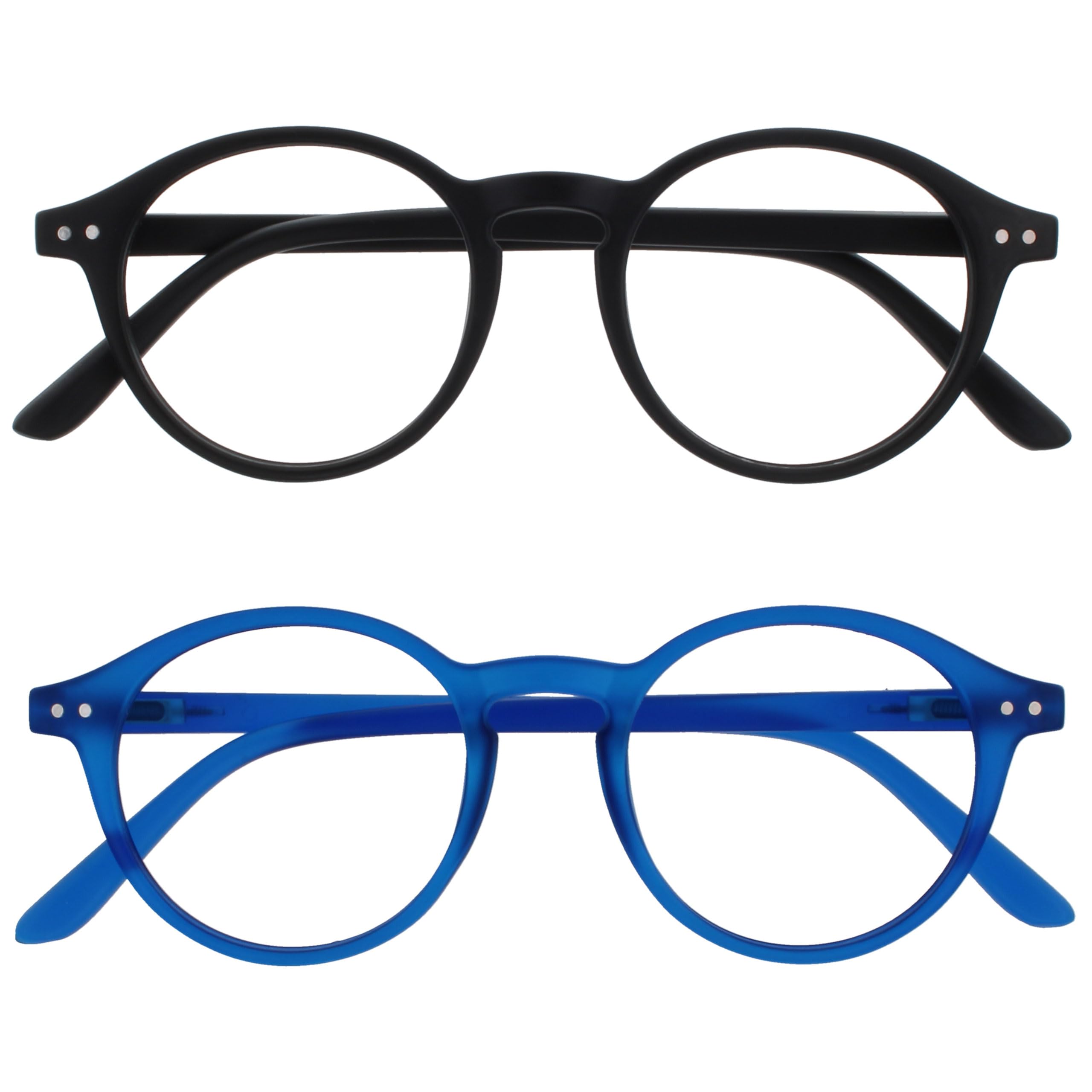 OPULIZE REY Reading Glasses - Pack of 2 - Retro Round Frame - Matte Black, Blue 