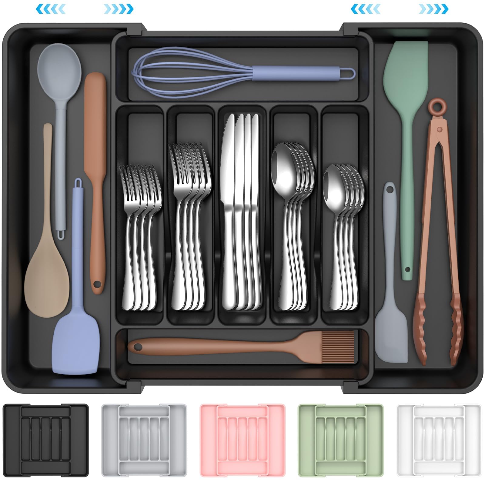 ukeetap Extra Large Expandable Silverware Organizer, Flatware Tray, Black | BPA-