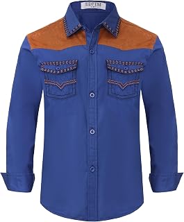 Boy's Western Cowboy Shirt Embroidered Long Sleeve Regular Fit Casual Cotton Button Down Hippie Shirts with Pockets