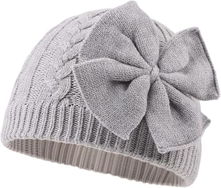 XIAOHAWANG Girls Winter Hat Pink Knot White Grey Knitted Hat for Children Ear Covers from 0-6 Years