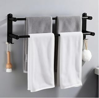 MEKENSO SUS304 Dual Bar Adjustable Towel Bar, Expandable Space Saving Towel Rack, Bathroom Towel Holder with Double Hook 16.9 to 29.9 Inch, No Drill/Screw Installation.（Black）