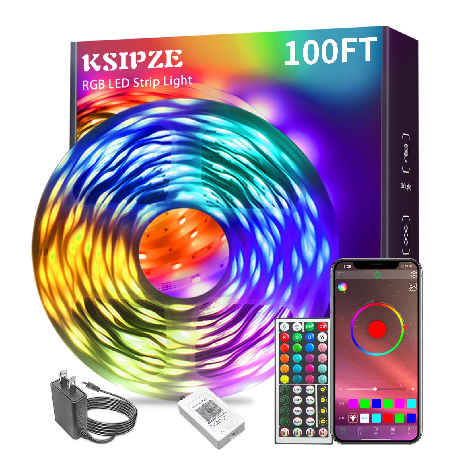 Ksipze 100ft led Lights Strip for Bedroom, Smart Music Sync RGB Color Changing w