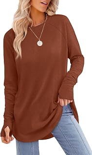 XIEERDUO Womens Tunic Tops to Wear with Leggings Long Sleeve Thumb Hole Shirts Crew Neck Curved Hem