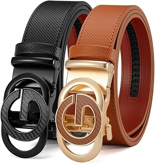 Men's Leather Ratchet Belt 2 Pack Casual Everyday Dress with Adjustable Buckle, Trim to Fit