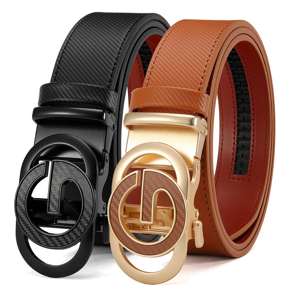 Men's Leather Ratchet Belt 2 Pack Casual Everyday Dress with Adjustable Buckle, 