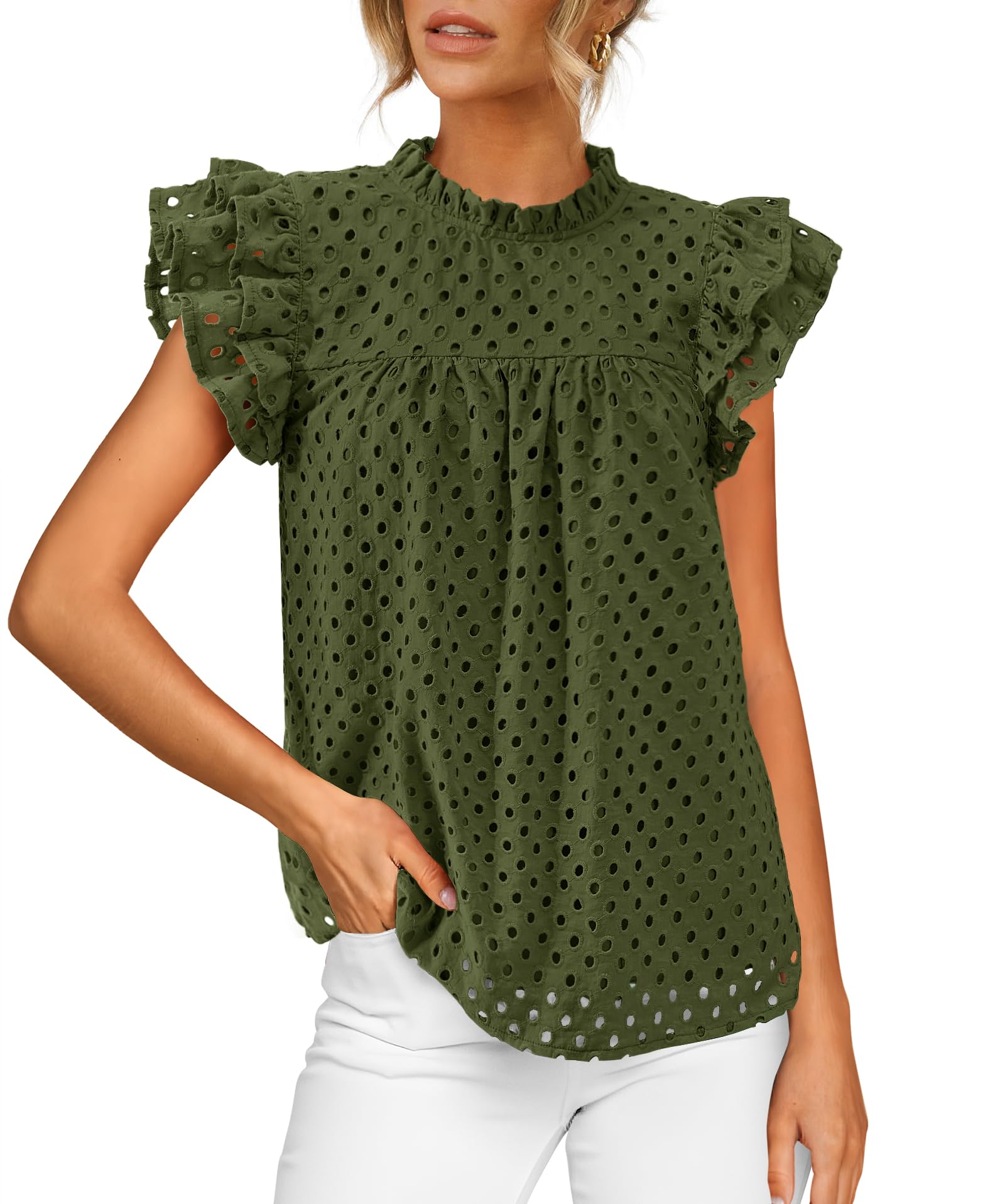 BTFBM 2025 Women Casual Summer Short Ruffle Sleeve Shirt Crew Neck Lace Embroide