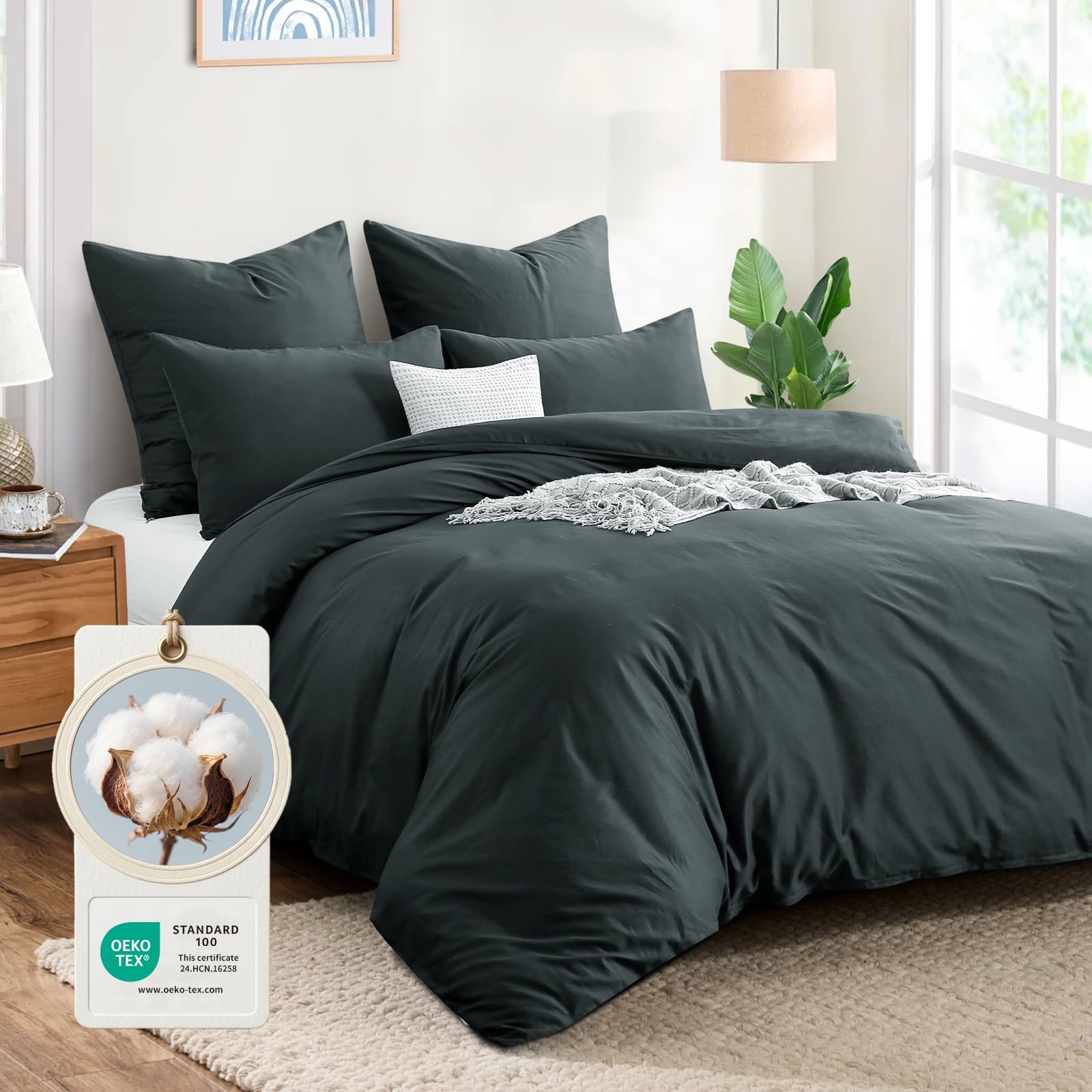 Aisbo 3-Piece Grey Cotton Bed Linen 200 x 200 cm, Bed Linen Sets, Duvet Cover wi