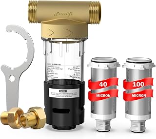 Frizzlife Spin Down Sediment Water Filter, 40/100 Micron,Built-in Scraper | Reusable Whole House Pre-Filter for City/Well Water, Traps Sand, Flushable, 1"&3/4" NPT