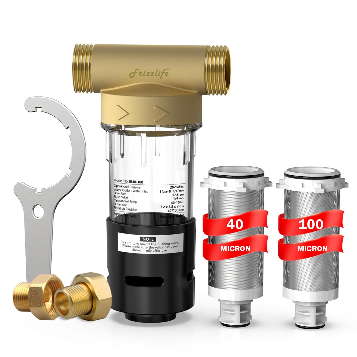 Frizzlife Spin Down Sediment Water Filter, 40/100 Micron,Built-in Scraper | Reus