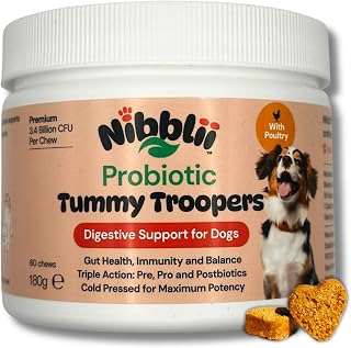 Sensitive Stomach Dog Probiotics - Firmer Stools and Happy Tummies | With Cranberry & Chicory | 3.4 Billion CFU Soft Chews | Pre, Pro & Postbiotics | Nibblii Tummy Troopers
