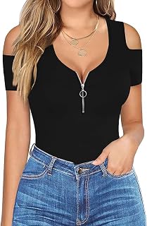 Womens Tops Short Sleeve Shirts Sexy V Neck Slim Fit Zip Up Tops Cold Shoulder Henley Shirts Blouses
