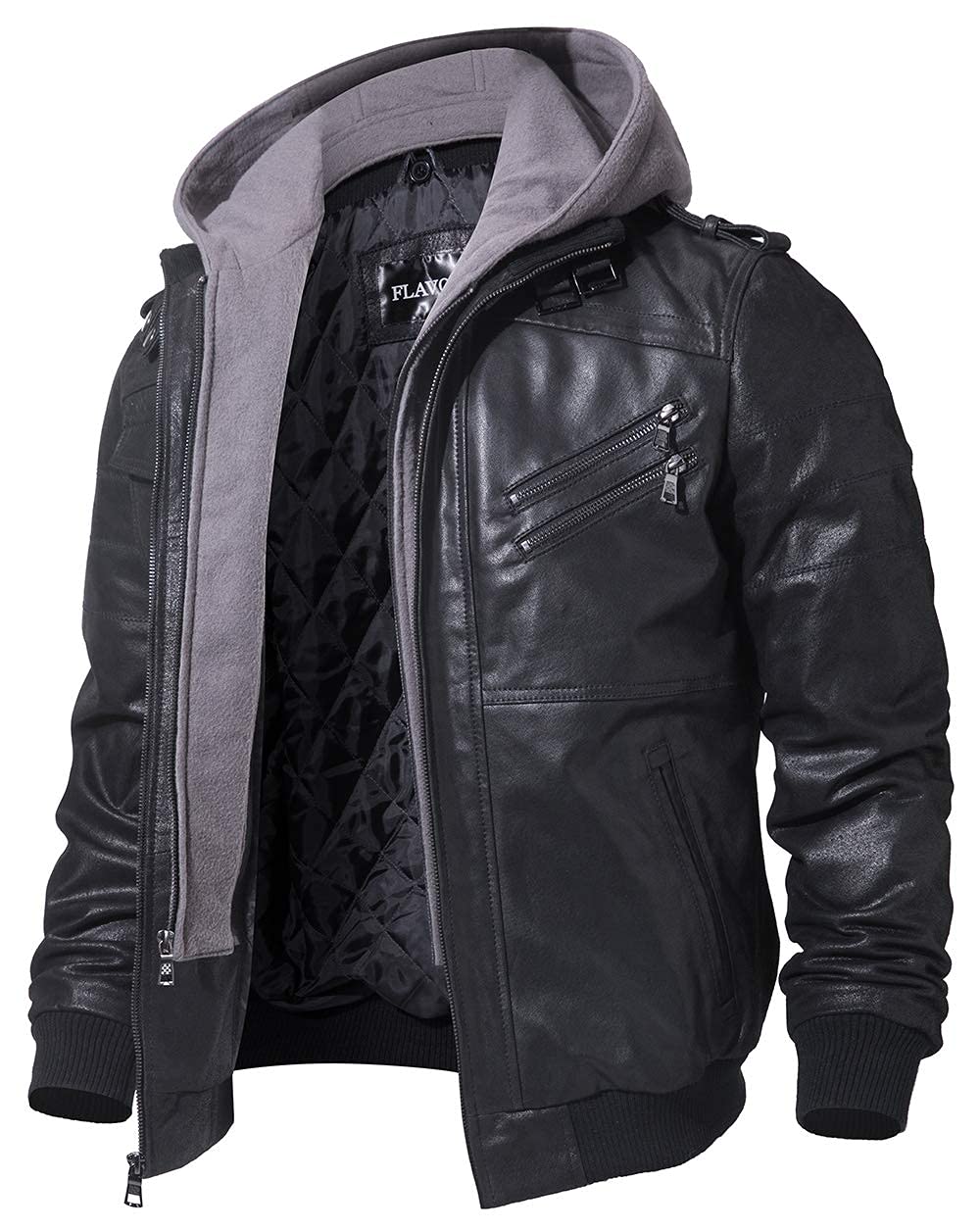 FLAVOR Men's Leather Jacket with Removable Hood Brown Suede