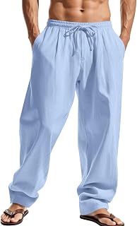 Elainone Men's Cotton Trousers Long Lightweight Casual Summer Trousers with Elastic Waist and Drawstring for Beach Holiday and Daily Use