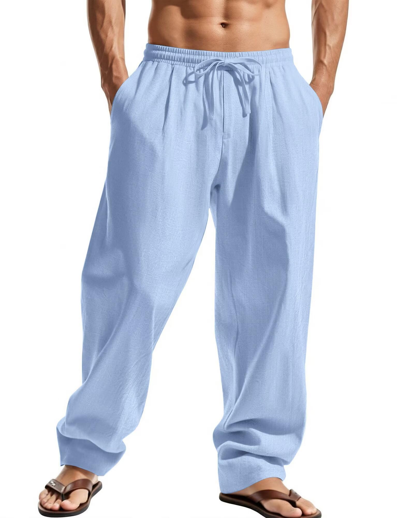Elainone Men's Cotton Trousers Long Lightweight Casual Summer Trousers with Elas
