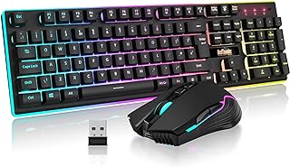 RedThunder K10 Wireless Gaming Keyboard and Mouse Combo, LED Backlit Rechargeable 3800mAh Battery, UK Layout Mechanical Feel Keyboard + 7D 3200DPI Mice for PC Gamer (Black)