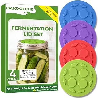 OAKDOLCHE 4Pcs Silicone Fermentation Lids for Regular Mouth Mason Jars | One-Way Airlock Valve, Self-Burping for Sauerkraut, Sourdough Starter & Probiotics, Bulk Pack (Patented)