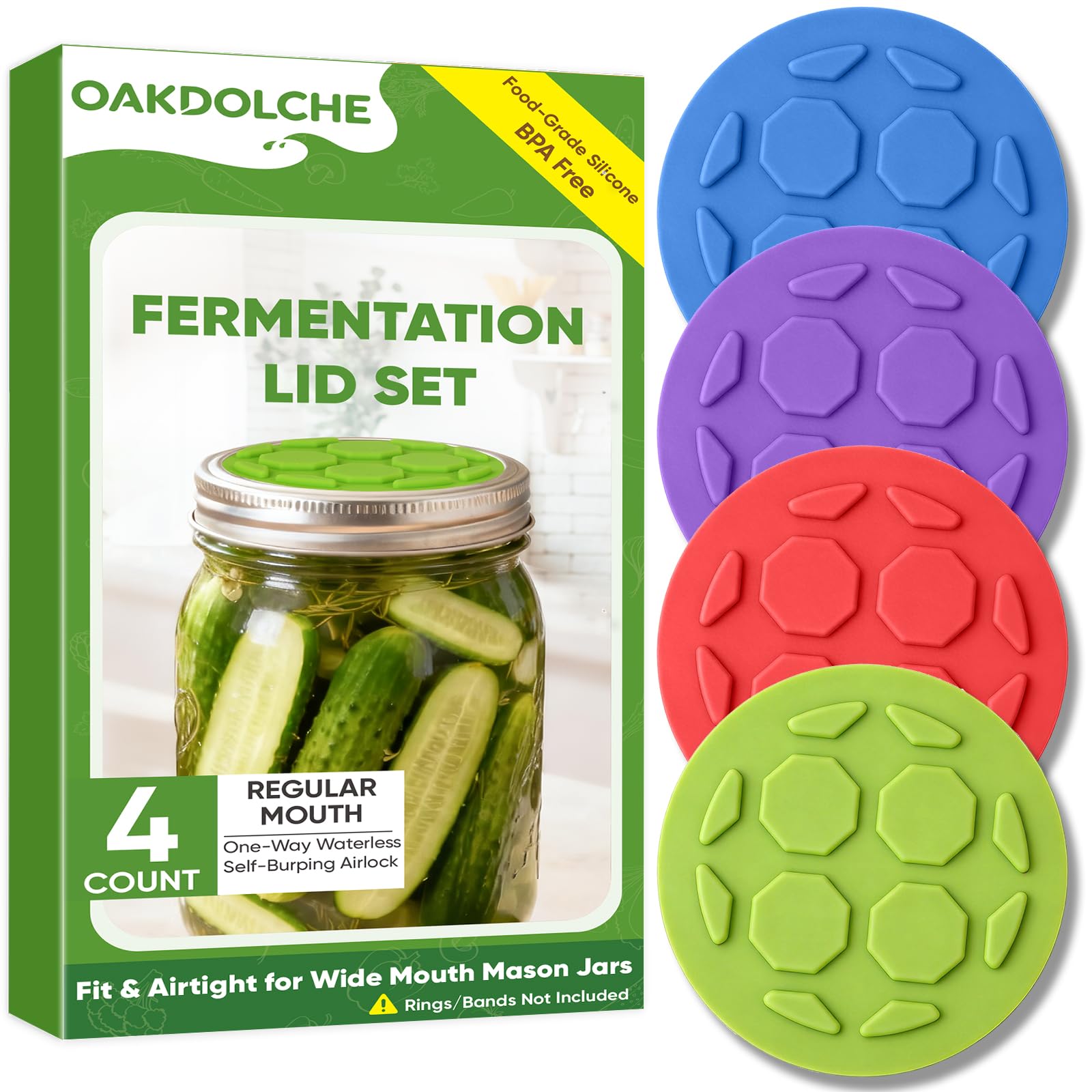 OAKDOLCHE 4Pcs Silicone Fermentation Lids for Regular Mouth Mason Jars | One-Way