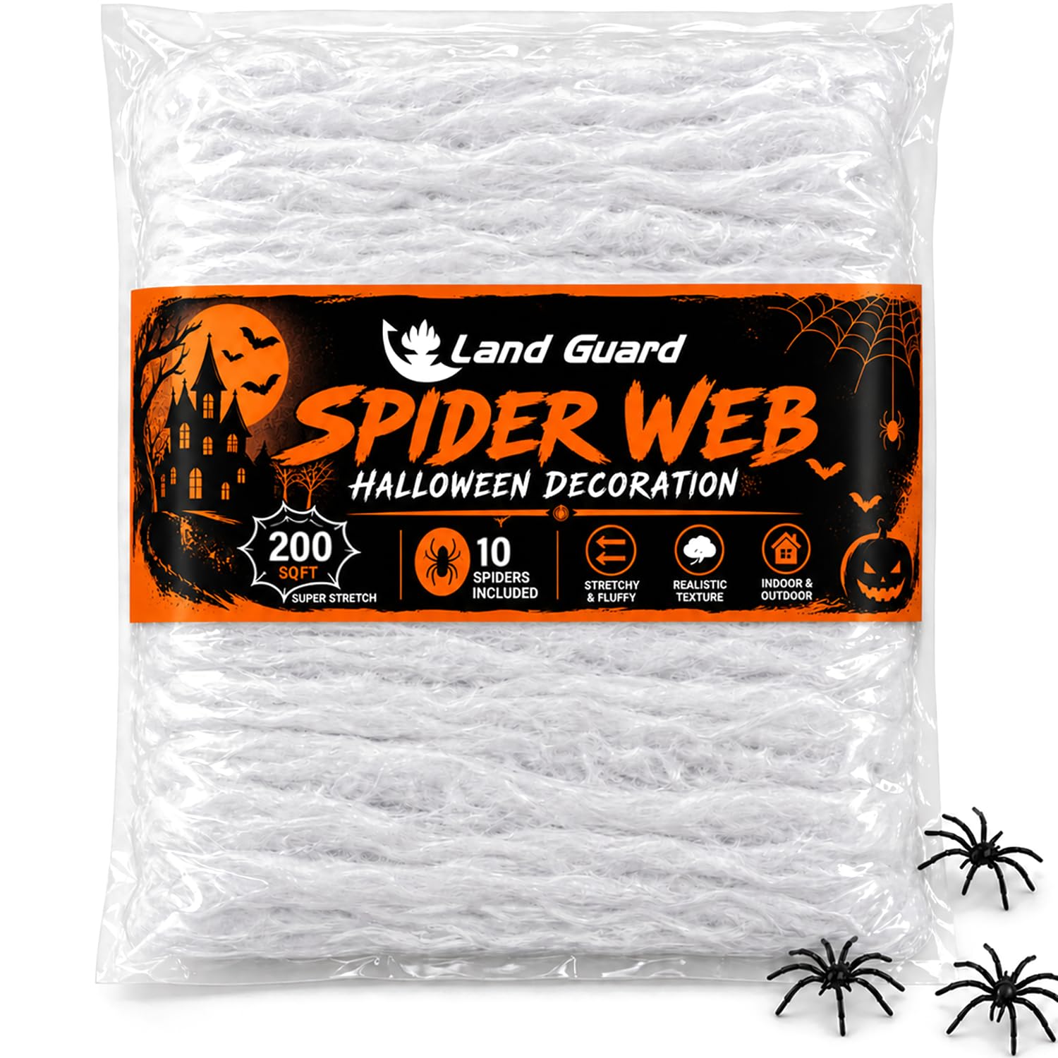 Land Guard 200 sqft Spider Web, Bonus with 10 Artificial Spiders, Fabric Spider 