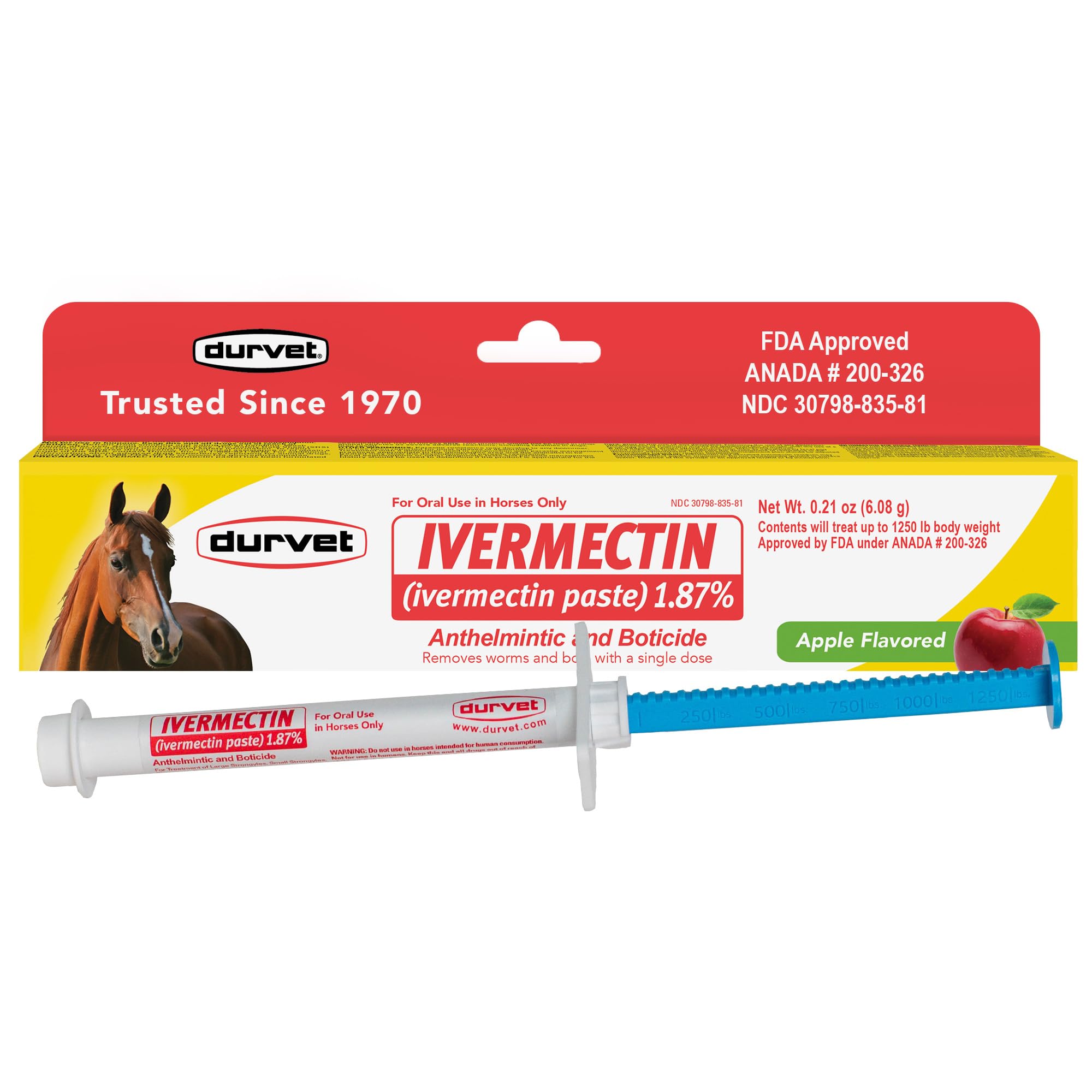 Ivermectin Paste 1.87% Horse Dewormer - Apple Flavored Oral Syringe 6.08g Tube