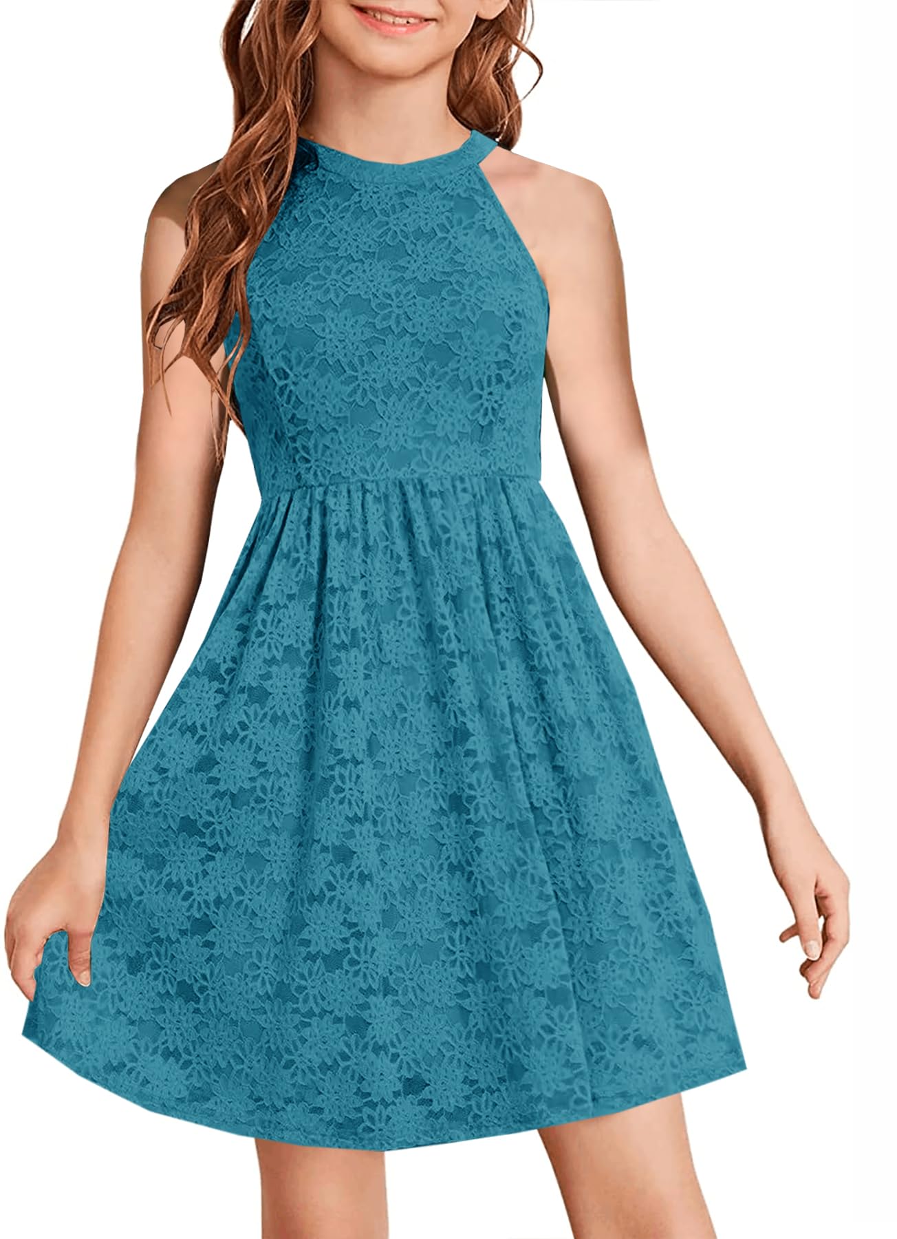 HOSIKA Flower Girl Dress Halter Neck Elegant Floral Lace A-line Party Dress
