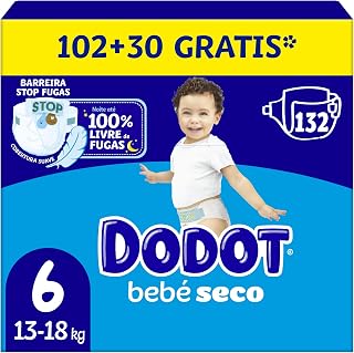 Dodot Baby-Dry Diapers, Size 6 (13-18 kg), 132 Nappies + 1 Pack of 10 Aqua | Up to 100% Leak Free at Night, Includes 10 Bonus Wipes, Dry Skin Until Morning