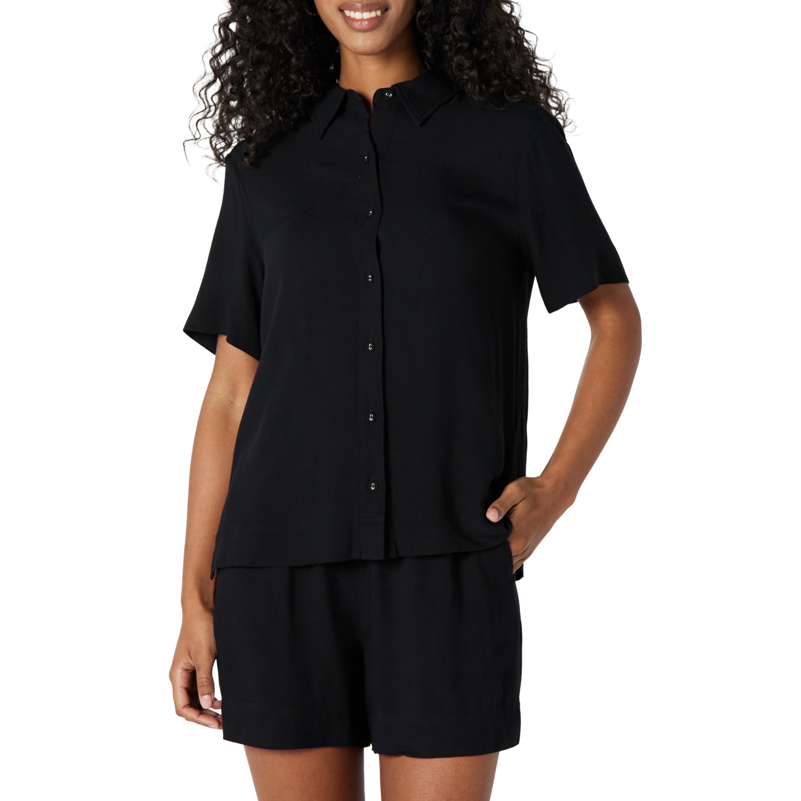 Amazon Essentials Women's Loose Flowy Twill Button Down Shirt (Shorts Sold Separ