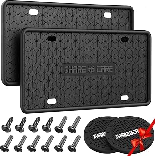 QiqaMole 2 Pack Silicone License Plate Frame, Front Back License Plate Cover, License Plate Bracket Holder Rust-Proof Rattle-Proof Weather-Proof for US CA Standard Car &amp; 2Pcs Water Coaster (Black)