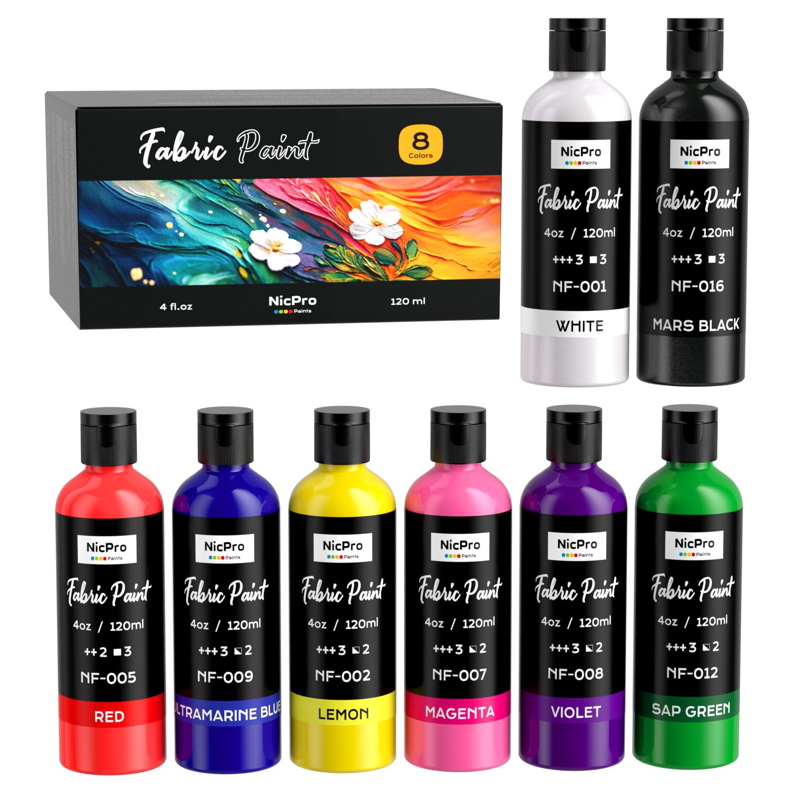 Nicpro 8 Colors Permanent Fabric Paint (4 oz, 120 ml) Soft Fabric Paint | for Cl