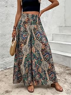 High Waist Wide Leg Paisley Print Boho Baggy Palazzo Pants Summer Elastic Waist Baggy Pants