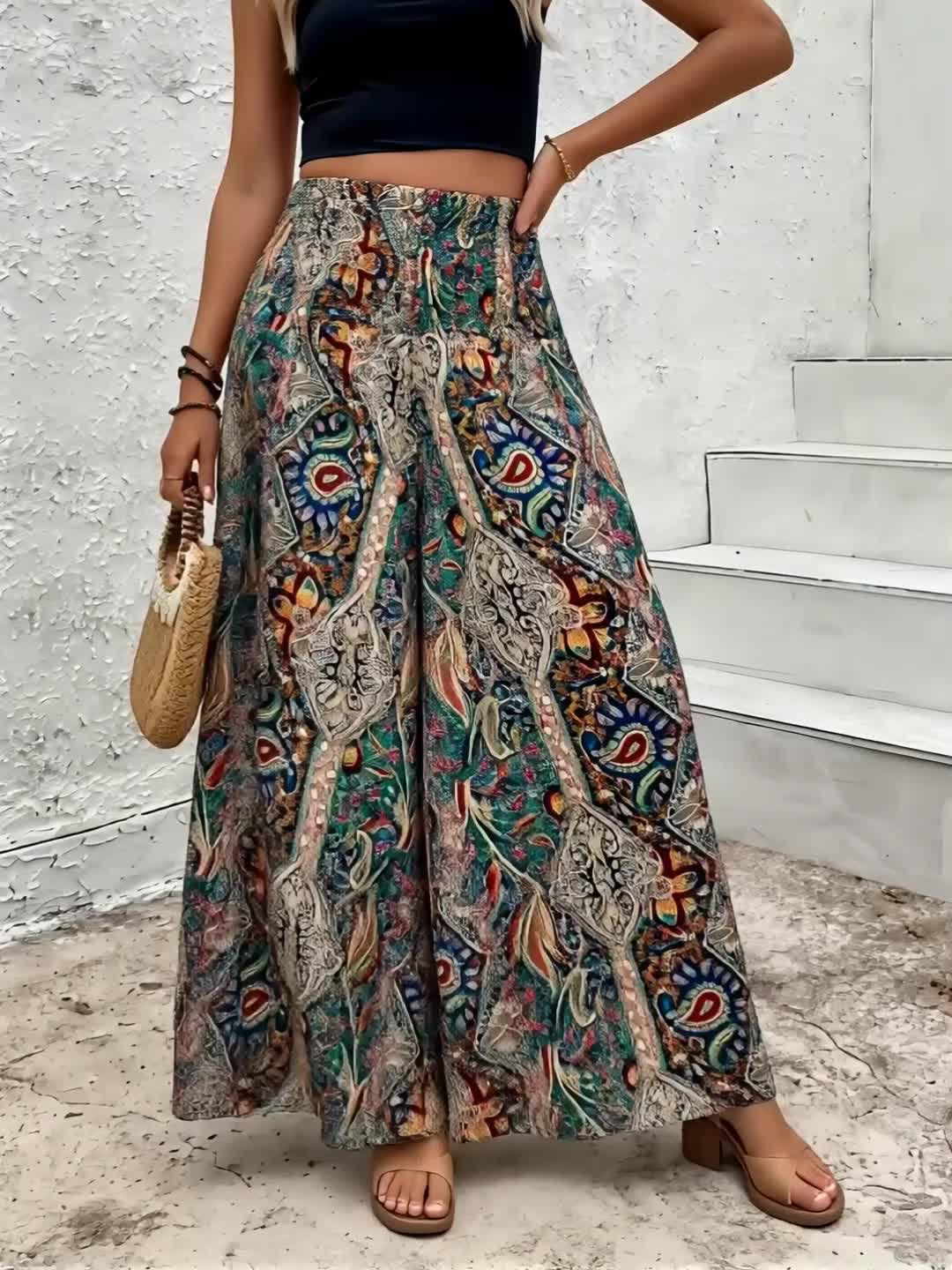 High Waist Wide Leg Paisley Print Boho Baggy Palazzo Pants Summer Elastic Waist 