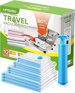 UPGOGO Vacuum Bags for Travel, 12 Pack with Hand Pump, Space Saver Vacuum Storage Bags, Travel Essentials, Clothes, Blankets, Pillows