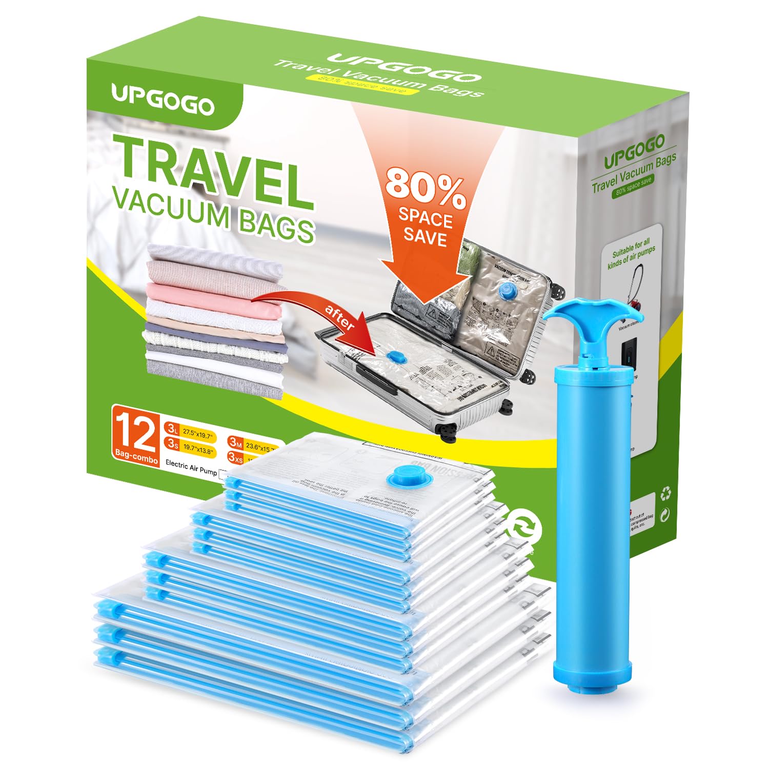UPGOGO Vacuum Bags for Travel, 12 Pack with Hand Pump, Space Saver Vacuum Storag