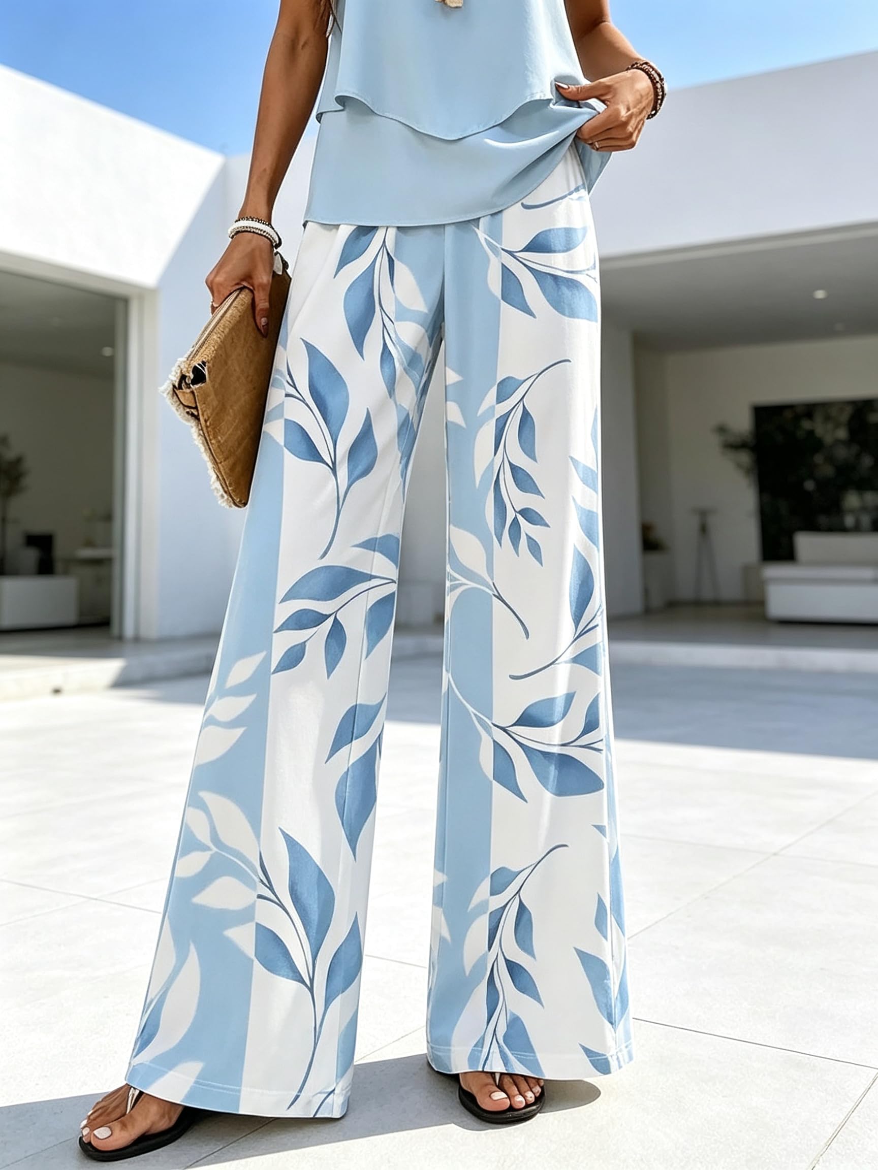 Women's Leaf Print High Waist Wide Leg Pants Comfy Casual Summer Beach Vacation 