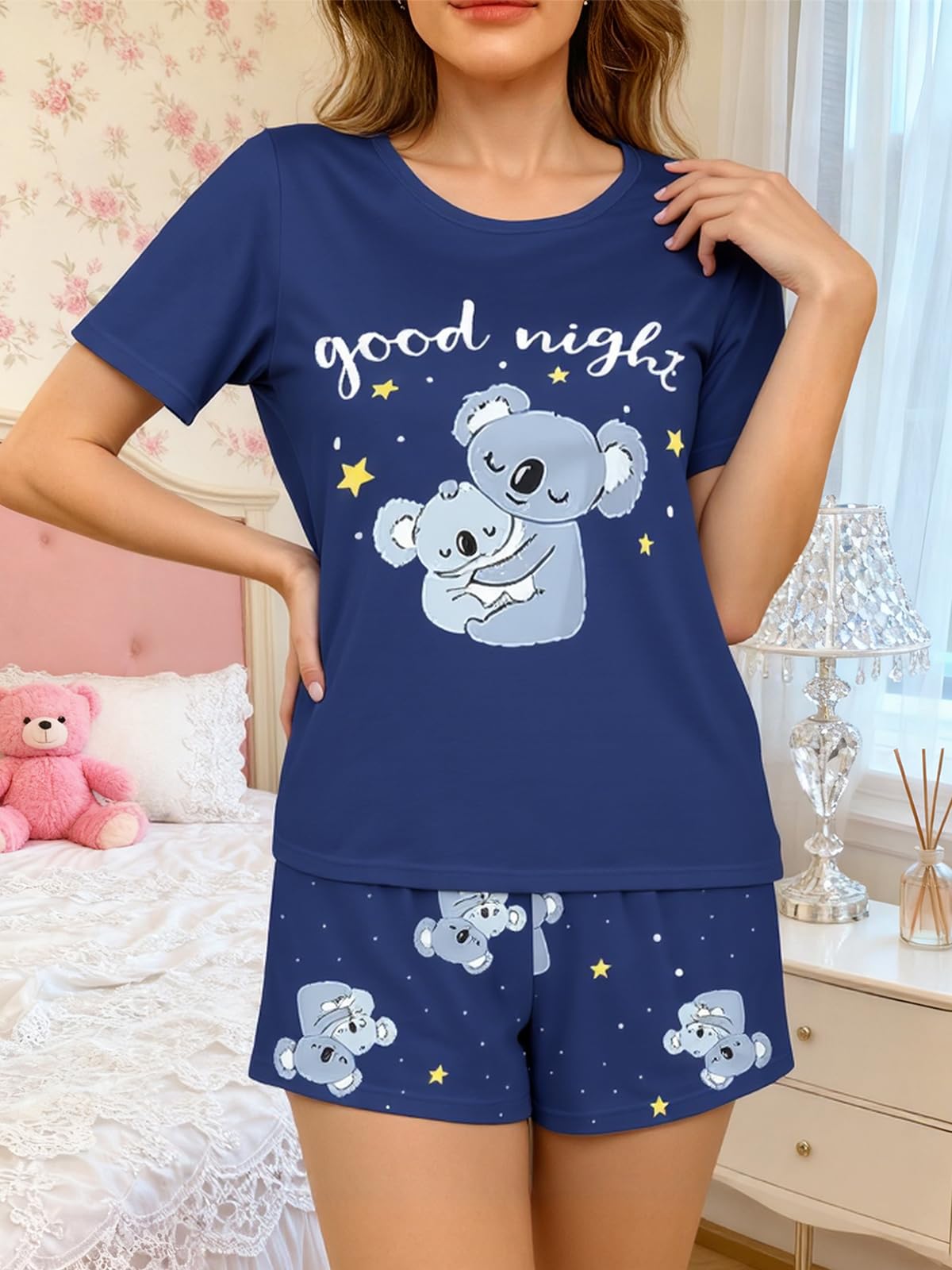 Women's pajama Set, Cartoon Print Short Sleeve Top and Shorts, Crew Neck Lounge 