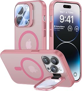 VOFATA for iPhone 14 Pro Case with Camera Cover Stand [Built-in 9H Camera Lens Protector][Fit for Magsafe] Military Grade Shockproof Translucent Matte Magnetic Phone Case 6.1", Pink