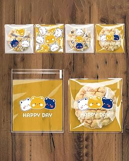 100 Pcs Self Adhesive Cookie Candy Bags - Happy Cute Bear Sign Self Seal Cellophane Treat Bags Pastry Gift Bags for Kids Party Favors Bakery Candy Chocolate Dessert Medium