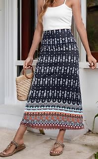 Bohemian Maxi Skirt for Women Elastic High Waist Printed Long Skirt Lightweight A-Line Flowy Hem Casual Bottom Travel Daily