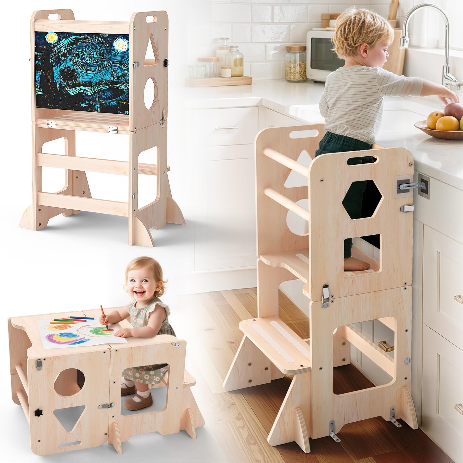 OMEW Toddler Standing Tower Anti-Tip Wooden Kitchen Step Stool，Nature | A‑Frame 