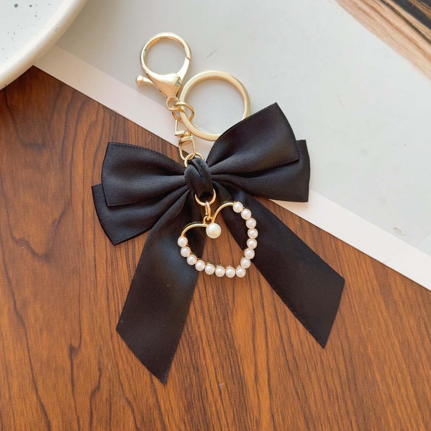 Cute Bow Bow Ribbon Imitation Pearl Love Heart Pendant Keychain Bag Charms Backp
