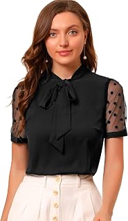 Allegra K Women's Bow Tie Neck Mesh Short Sleeve Office Work Blouse