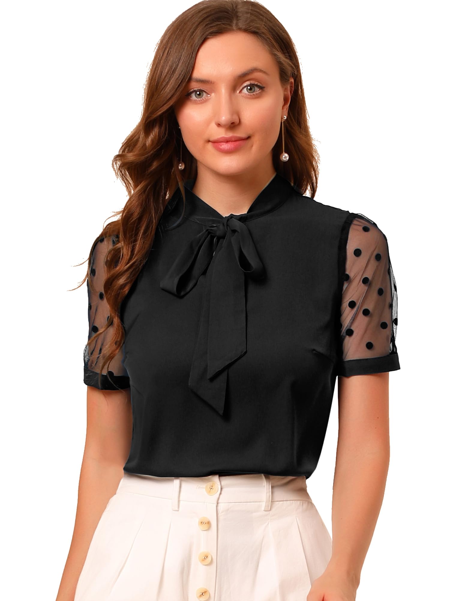 Allegra K Women's Bow Tie Neck Mesh Short Sleeve Office Work Blouse