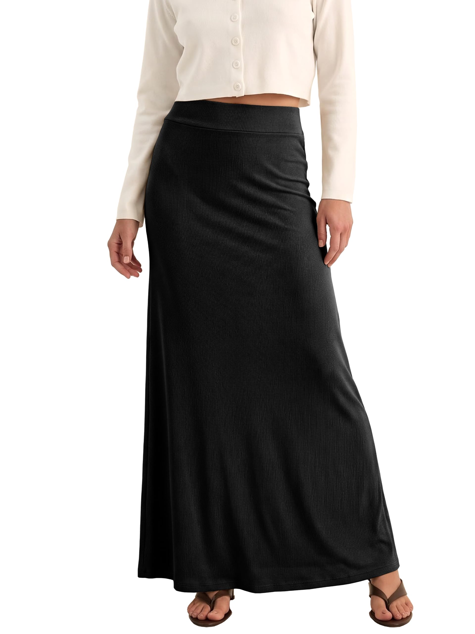 EXCHIC Women Comfort Thickened A Line High Waist Maxi Skirt Elastic Belt Knitted