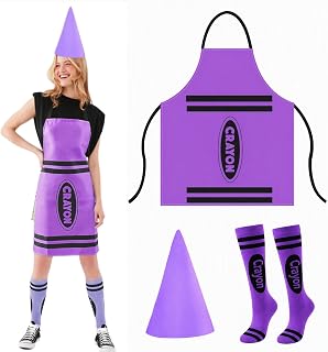 Crayon Costume Adult 3Pcs,Halloween Costume Women with Crayon Apron,Funny Gnome Cone Hat,Socks,Fancy Halloween Dress Outfits