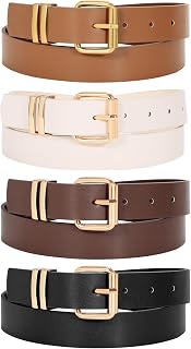 LEACOOLKEY 4 Pack Women Belts for Jeans Ladies Leather Waist Belt for Pants Jeans Dresses with Gold/Sliver Buckle