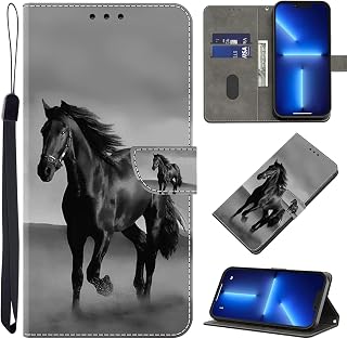 Case for Google Pixel 9 Pro/Pixel 9 Phone Case, Multi-Pattern PU Leather Wallet Flip Cover Case with [Standing Function] [Card Holder] [Wrist Strap] for Google Pixel 9 Pro -Black Horse