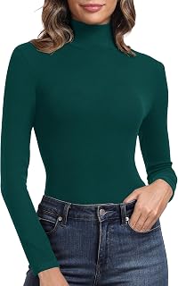PALINDA Women's Ribbed Turtleneck Fitted Long Sleeve Shirts Basic Thermal Layering Tops