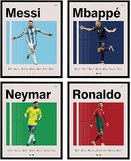 Soccer Posters 8x10 Inch Framed Canvas Prints Set of 4 - Messi, Ronaldo, Mbape And Neymar Famous Football Superstar Poster Sports Decor for Boys Bedroom Wall Art