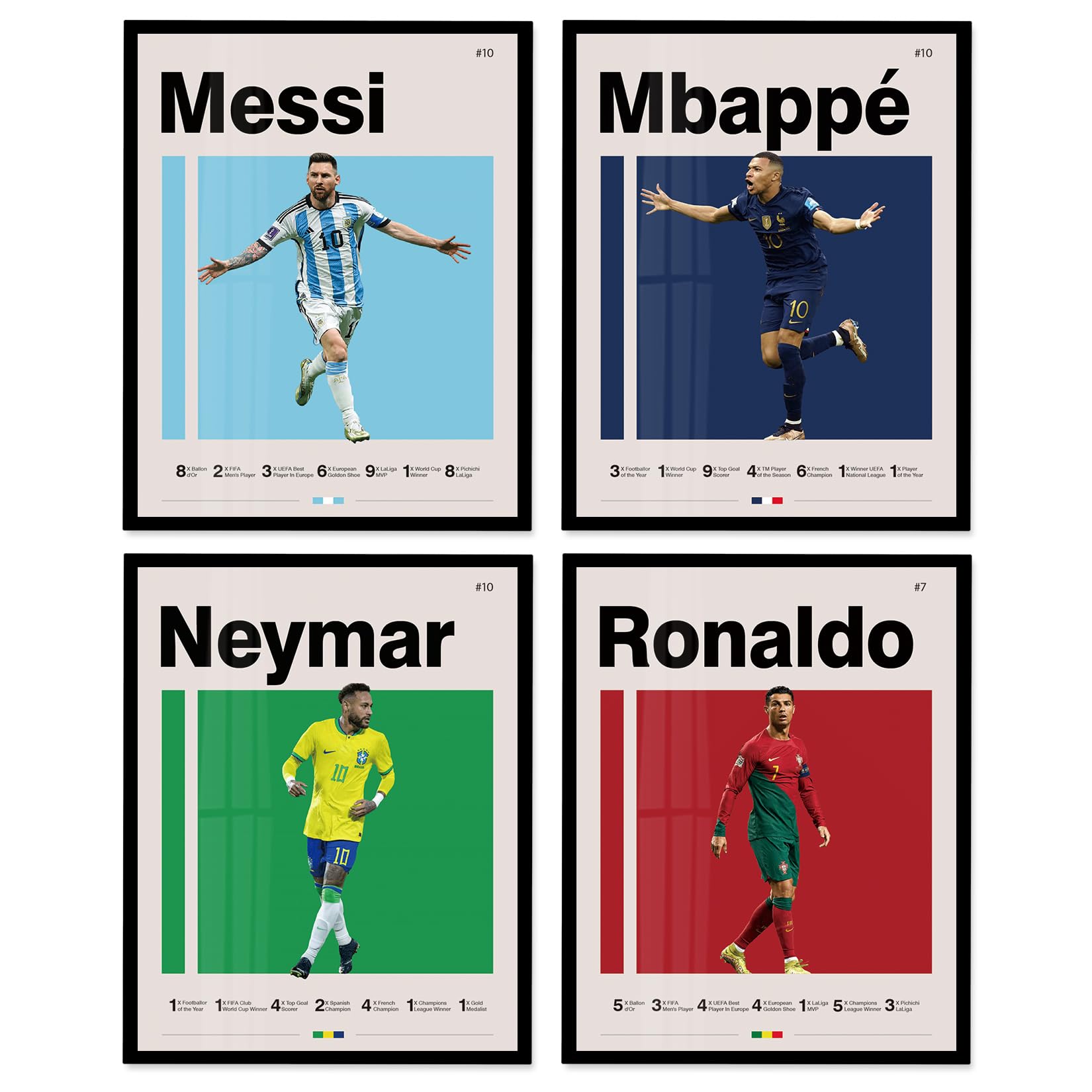 Soccer Posters 8x10 Inch Framed Canvas Prints Set of 4 - Messi, Ronaldo, Mbape A