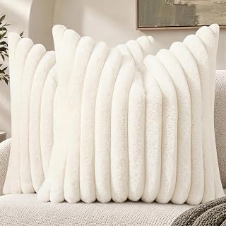 decorUhome Fall Cream White Faux Fur Throw Pillow Covers 18x18 Set of 2