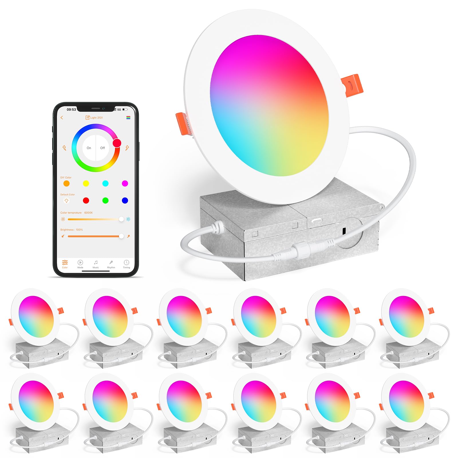 SikSog Smart Recessed Lighting 4 Inch RGBCW Color Changing 12W LED Downlight wit